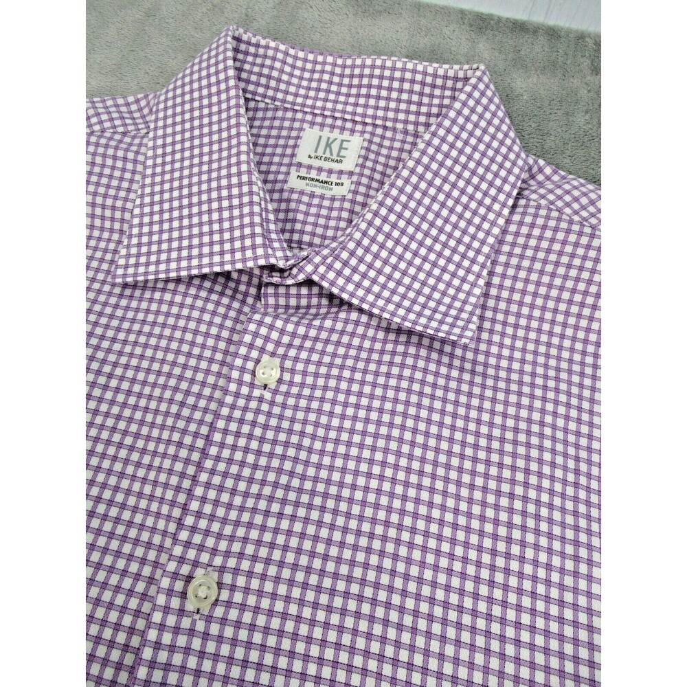 Ike Behar Men's 17 / 36 Performance 100 Non-Iron Button Down Shirt Plaid Purple